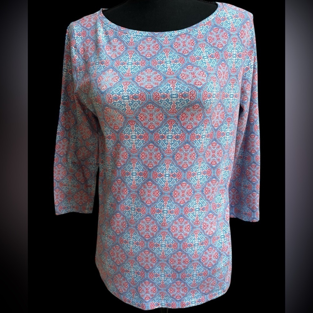 TALBOTS DAMAST PINK & BLUE CASUAL COLORFUL PRINT SUMMER TOP/ BLOUSE SZ MED💕